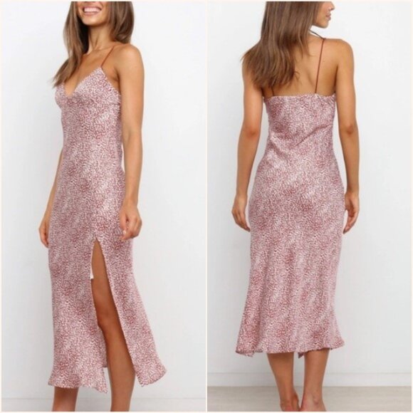 Petal & Pup Brenda Printed Satin Sleeveless Midi Slip Dress‎ Maroon Rust Size 8 - Picture 1 of 11